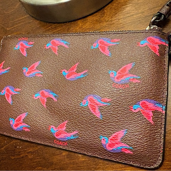 Coach Brown Wristlet with Pink and Blue Bird Design - Picture 2 of 3